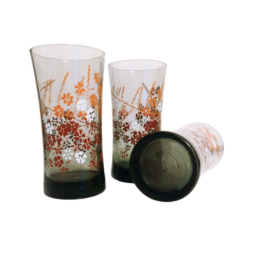 Vintage Libbey 70s Glass Tumblers Set Floral Tawny Orange Smoke 14oz Fall Vibes - Picture 3 of 5